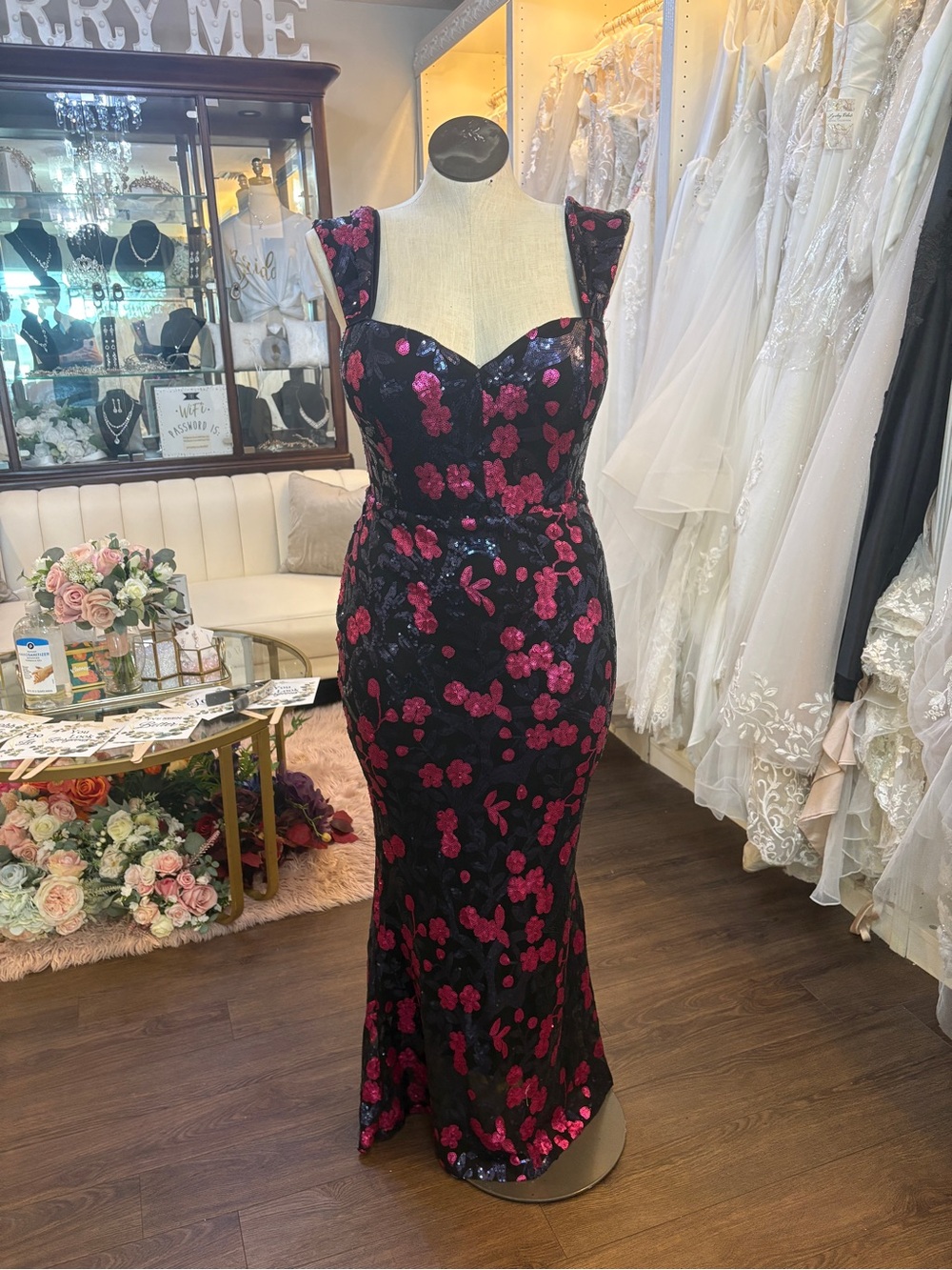 Black Floral Sequin Evening Dress with Pink Accents